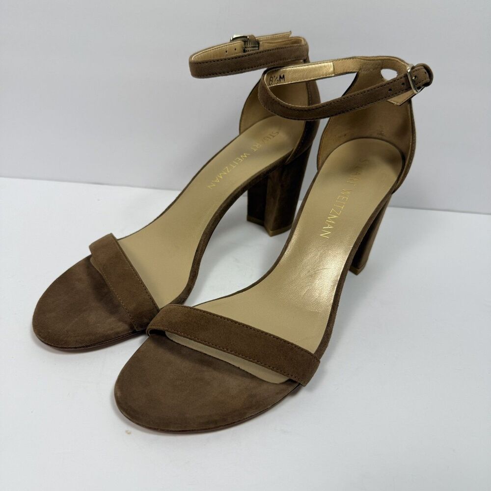 STUART WEITZMAN nearlynude Block Heel Sandal Sz 8.5 Brown Suede Spain